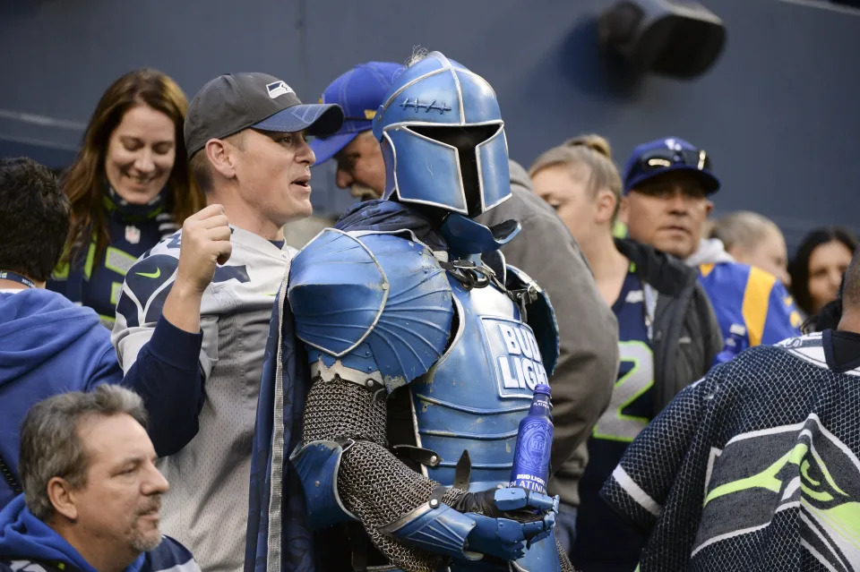 A Bud Light beer mascot mingles with Seahawks fans during an NFL game between the Rams and the  Seahawks at Century Link Field in Seattle. (Photo by Jeff Halstead/Icon Sportswire via Getty Images)