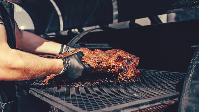 Brisket in a barbecue smoker