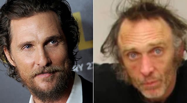 The man (right) caught by police had refused to give identification details but told police he was Matthew McConaughey (left). Pictures: AAP (left)/  FOX 6 NOW (right)