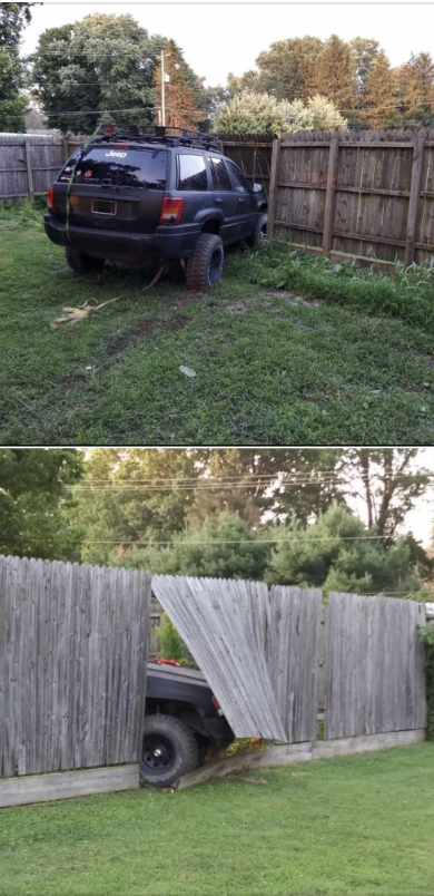 a Jeep that's crashed into a fence