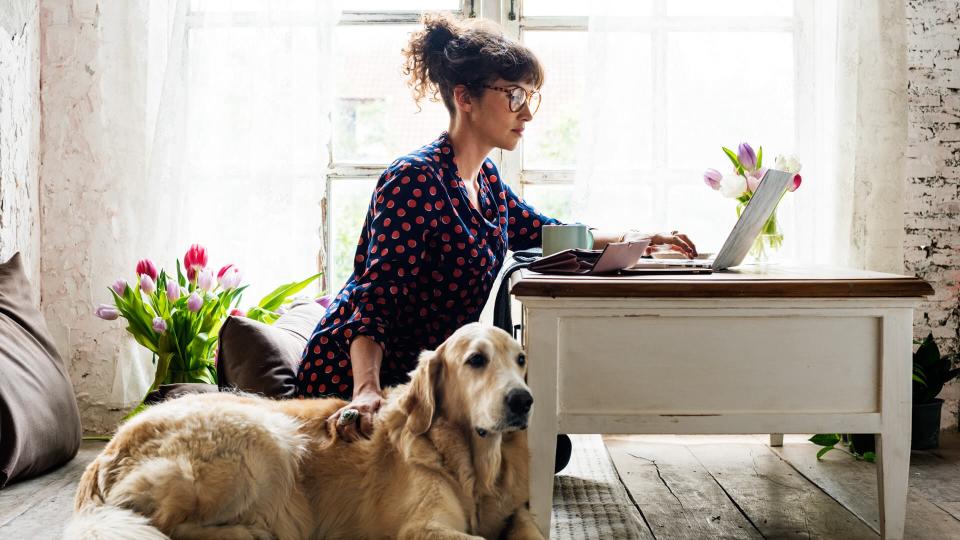 Woman petting dog while working from home