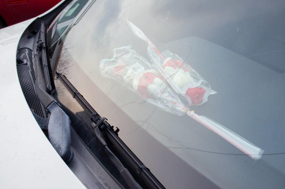 Roses lie on the dash of a 2012 Mercedes E350 parked at a home in Kennewick, Wash. The car was supposed to be a birthday present for Maria Moreno-Reyes. She died one month before her 18th birthday.