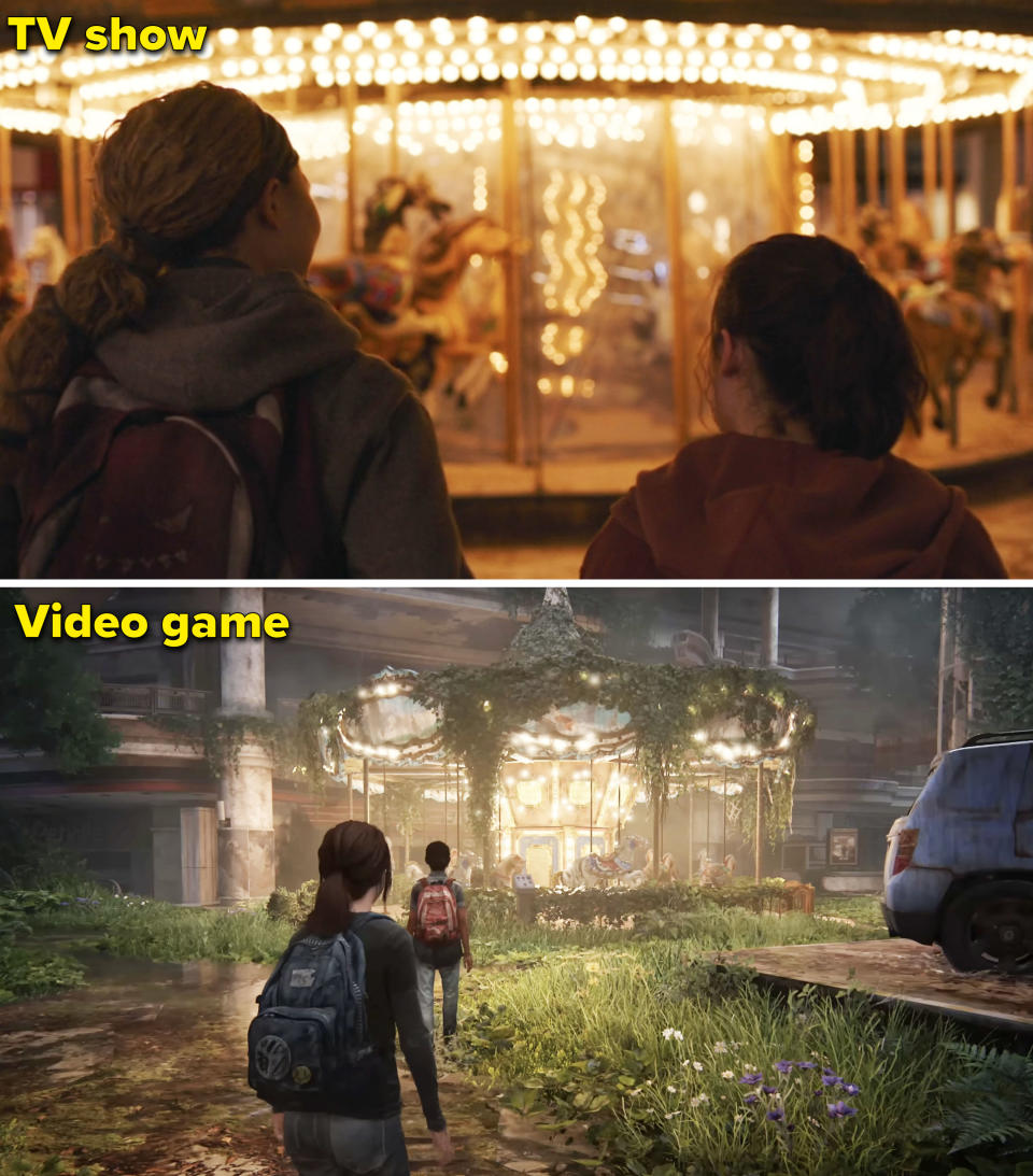 Side-by-side screenshots from "The Last of Us" movie and game