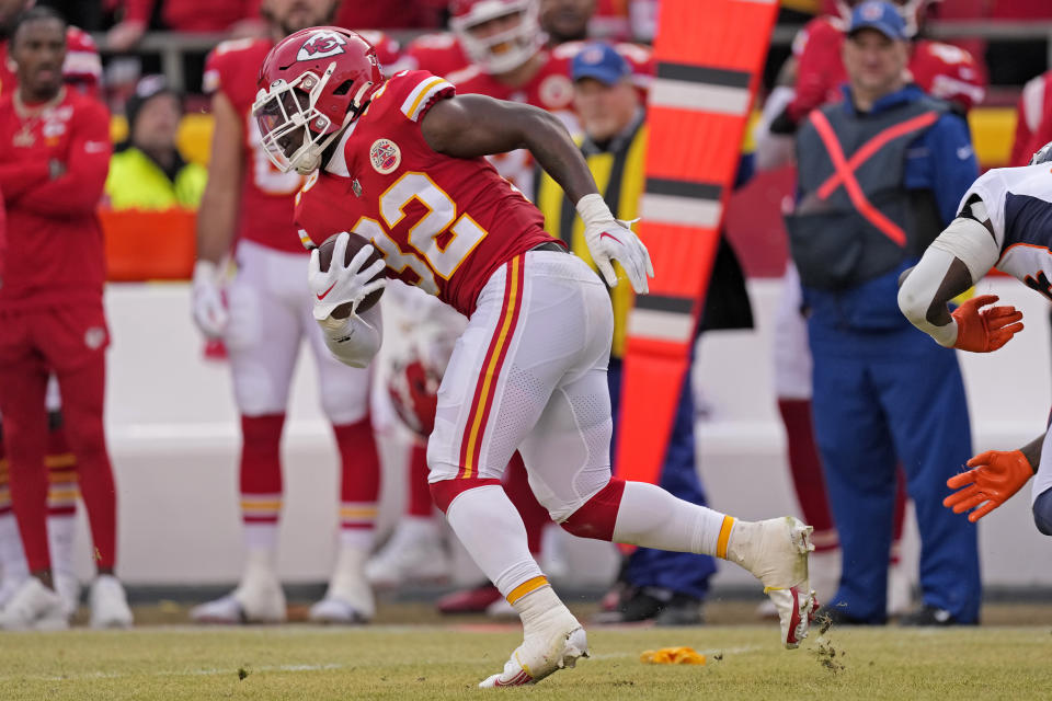 Kansas City Chiefs linebacker Nick Bolton runs the ball during the second half of an NFL football game against the Denver Broncos Sunday, Jan. 1, 2023, in Kansas City, Mo. (AP Photo/Charlie Riedel)