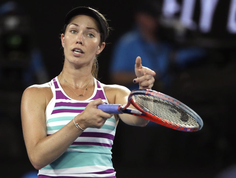 United States' Danielle Collins gestures as she argues with chair umpire Carlos Ramos during her semifinal against Petra Kvitova of the Czech Republic at the Australian Open tennis championships in Melbourne, Australia, Thursday, Jan. 24, 2019. (AP Photo/Mark Schiefelbein)