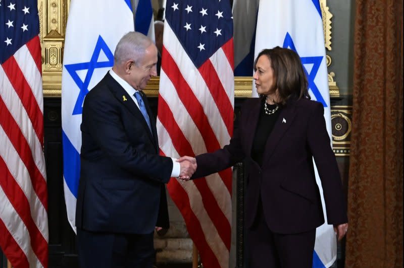 Vice President Kamala Harris said she told Prime Minister Benjamin Netanyahu it is time to commit to a cease-fire deal. Pool Photo by Kenny Holston/UPI