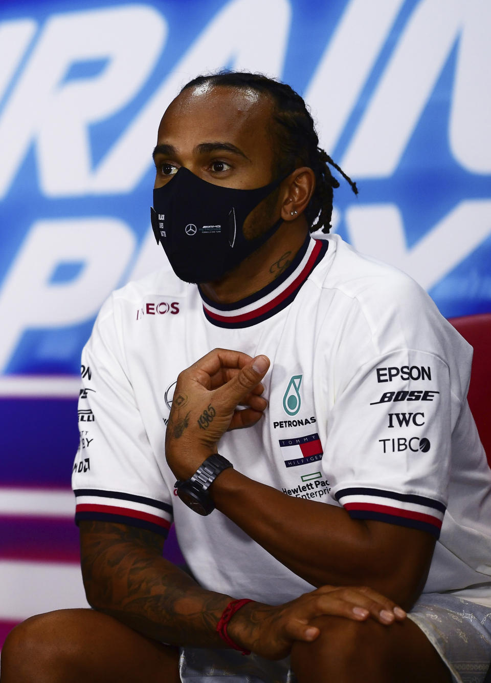 Mercedes driver Lewis Hamilton of Britain participates in a media conference prior to the Bahrain Formula One Grand Prix at the International Circuit in Sakhir, Bahrain, Thursday, Nov. 26, 2020. The Bahrain Formula One Grand Prix will take place on Sunday. (Mario Renzi, Pool via AP)