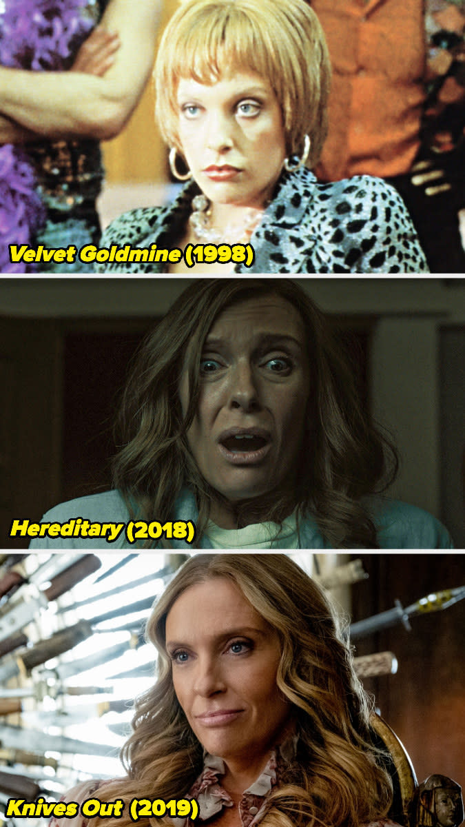 Stills of Toni Collette in "Velvet Goldmine," "Hereditary," and "Knives Out."