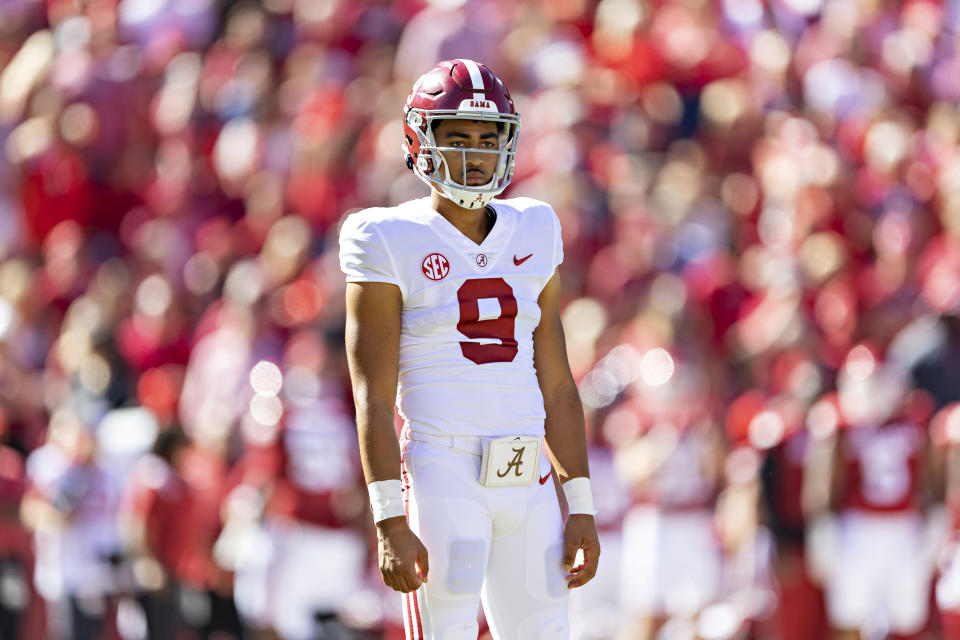 Do the Panthers lean toward Bryce Young's tape, or the tape measure? (Photo by Wesley Hitt/Getty Images)