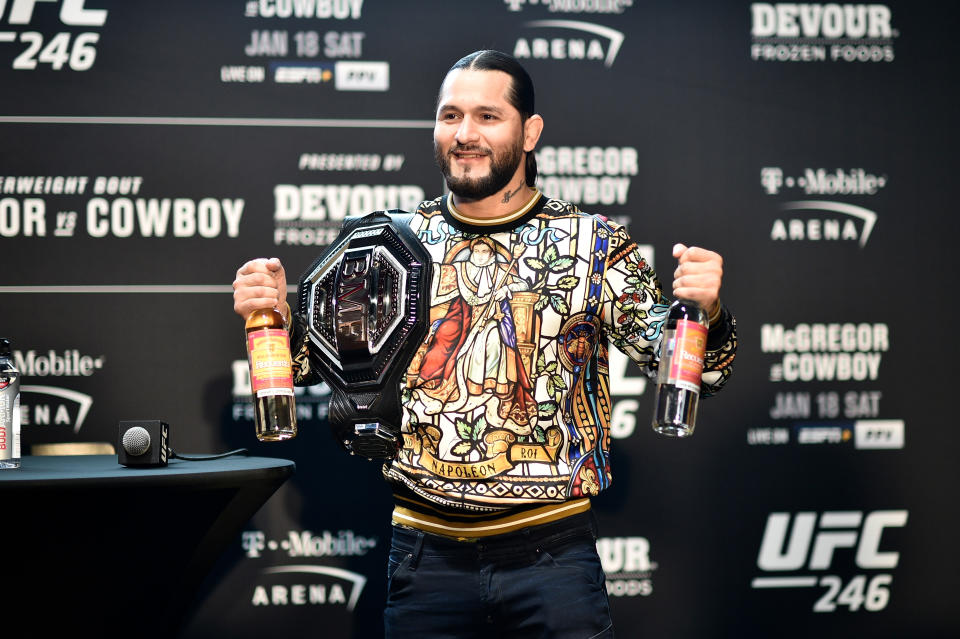 Jorge Masvidal nearly came to blows with Kamaru Usman at Super Bowl Radio Row on Wednesday. (Photo by Chris Unger/Zuffa LLC via Getty Images)