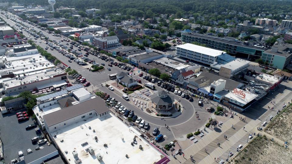 A drone view north over Rehoboth Avenue in Rehoboth Beach shown Monday, June 7, 2021.