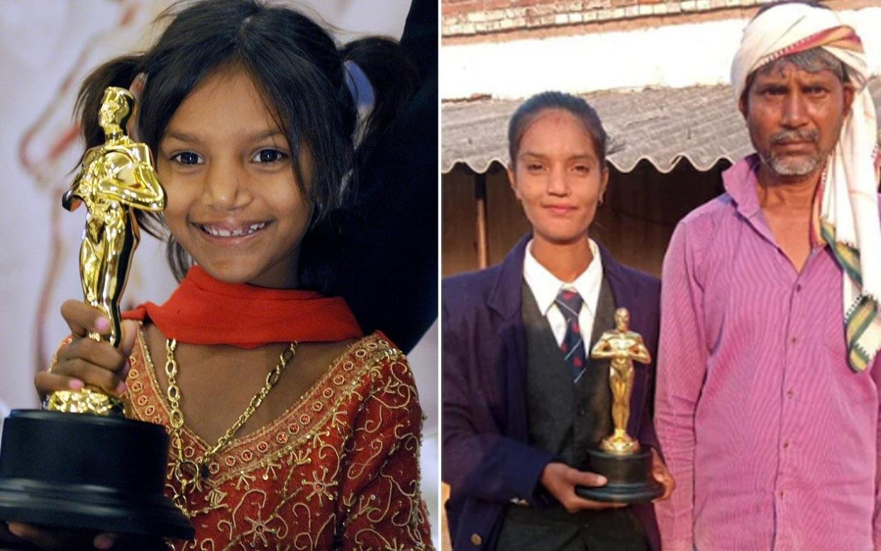 Pinky Sonkar with the Oscar that she won for Smile Pinky and with her father back home in Uttar Pradesh
