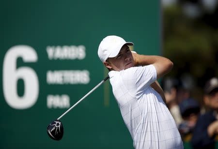 U.S. team member Jordan Spieth tees off on the sixth hole during the practice round for the 2015 Presidents Cup golf tournament at the Jack Nicklaus Golf Club in Incheon, South Korea, October 8, 2015. REUTERS/Kim Hong-Ji