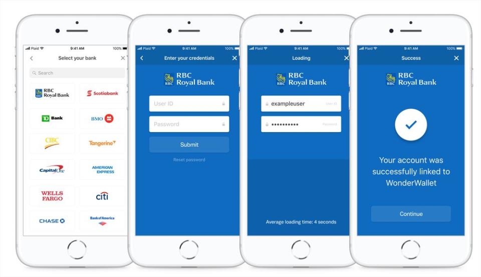 Screenshots show how Plaid allows consumers to connect their bank accounts to thousands of fintech apps.