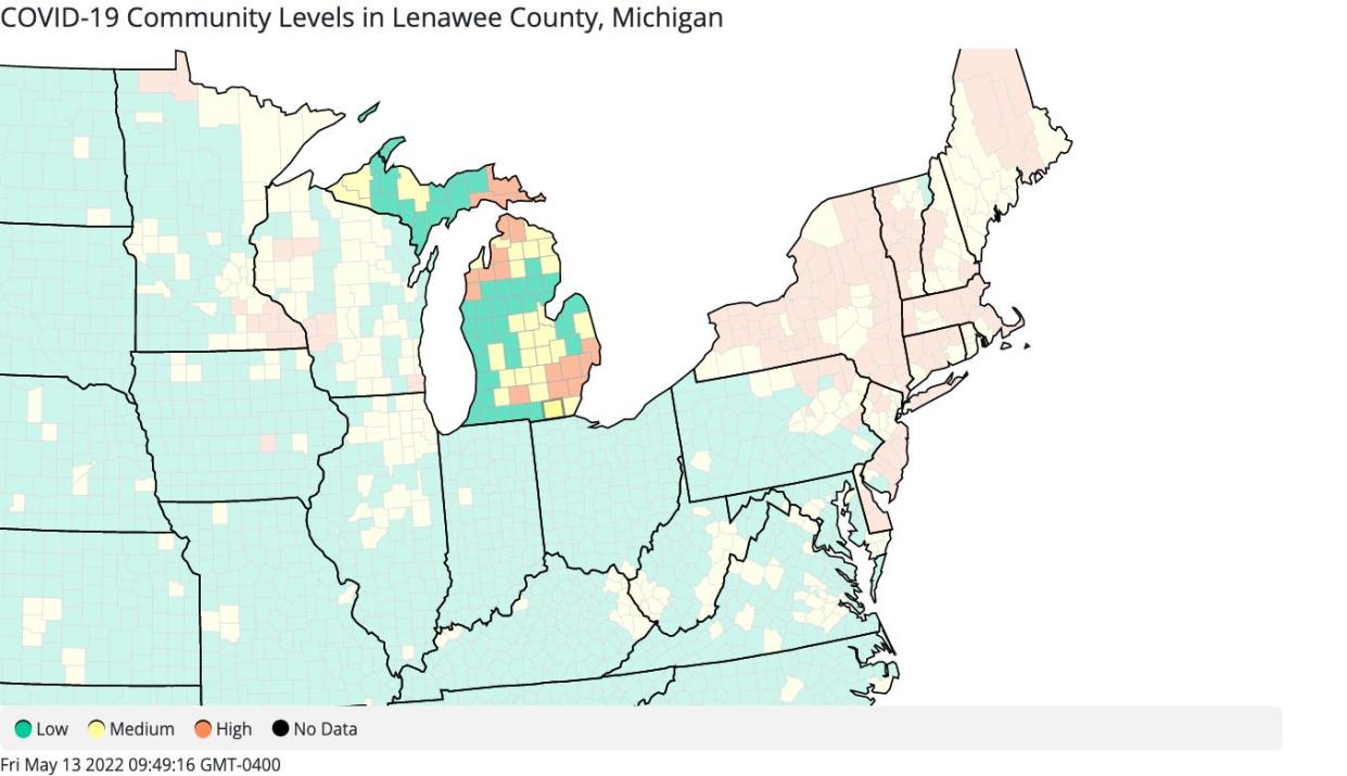 Lenawee County is back in the "medium" community level of COVID-19, according to the Centers for Disease Control and Prevention. "Medium" counties are shown on the map in yellow, "low" in green and "high" in orange.