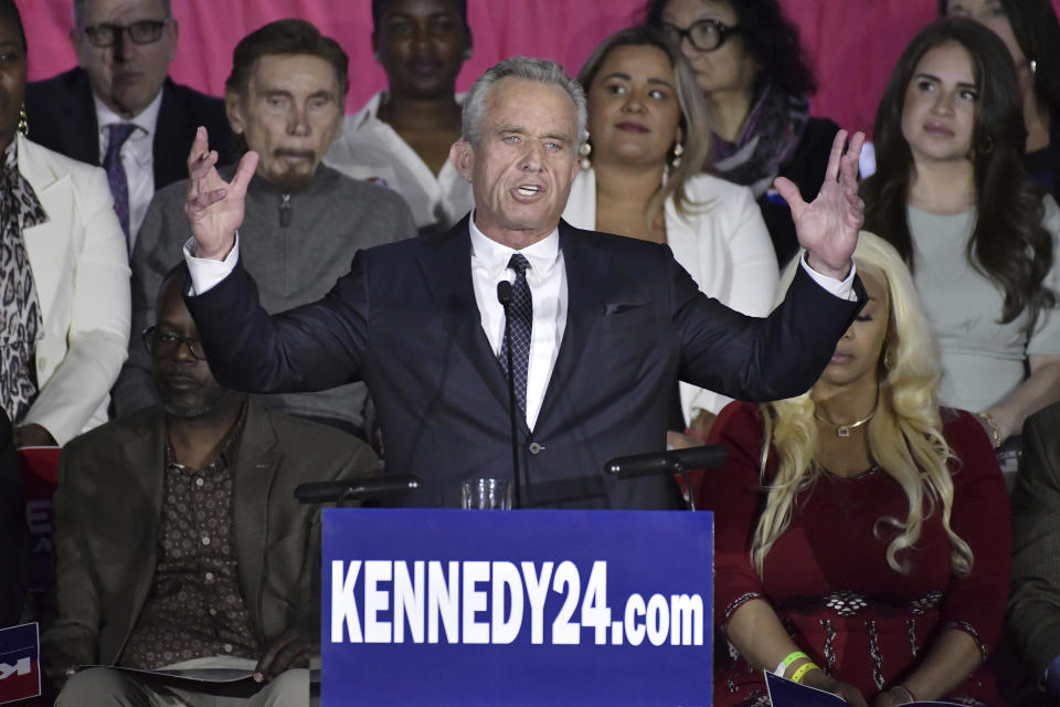 Robert F. Kennedy Jr. speaks at an event where he announced his run for president on Wednesday, April 19, 2023, at the Boston Park Plaza Hotel, in Boston. / Credit: JOSH REYNOLDS / AP