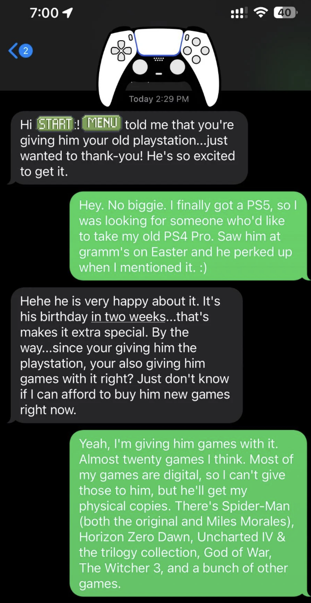 person 1 thanking person 2 for gifting their PS4 to their son but also wondering if they can throw in all their old games