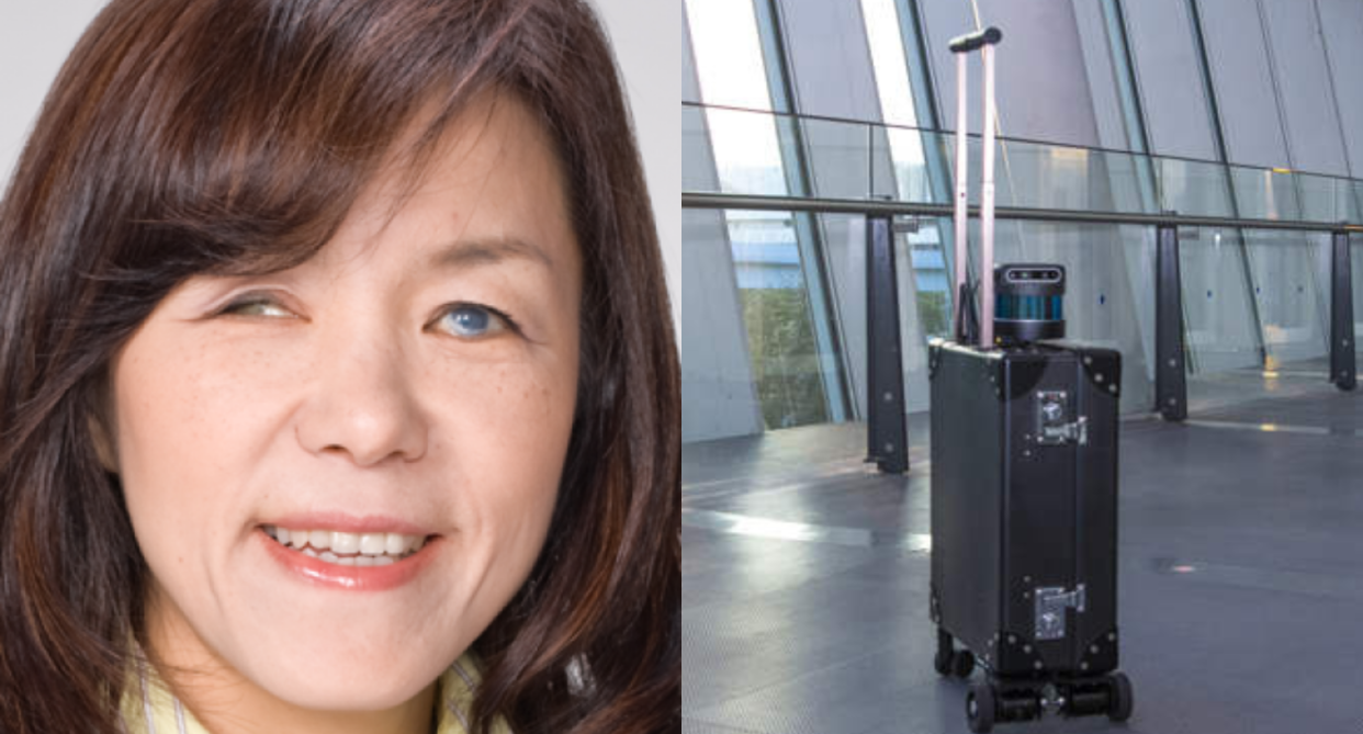 Dr Chieko Asakawa (left) and the AI-powered suitcase.