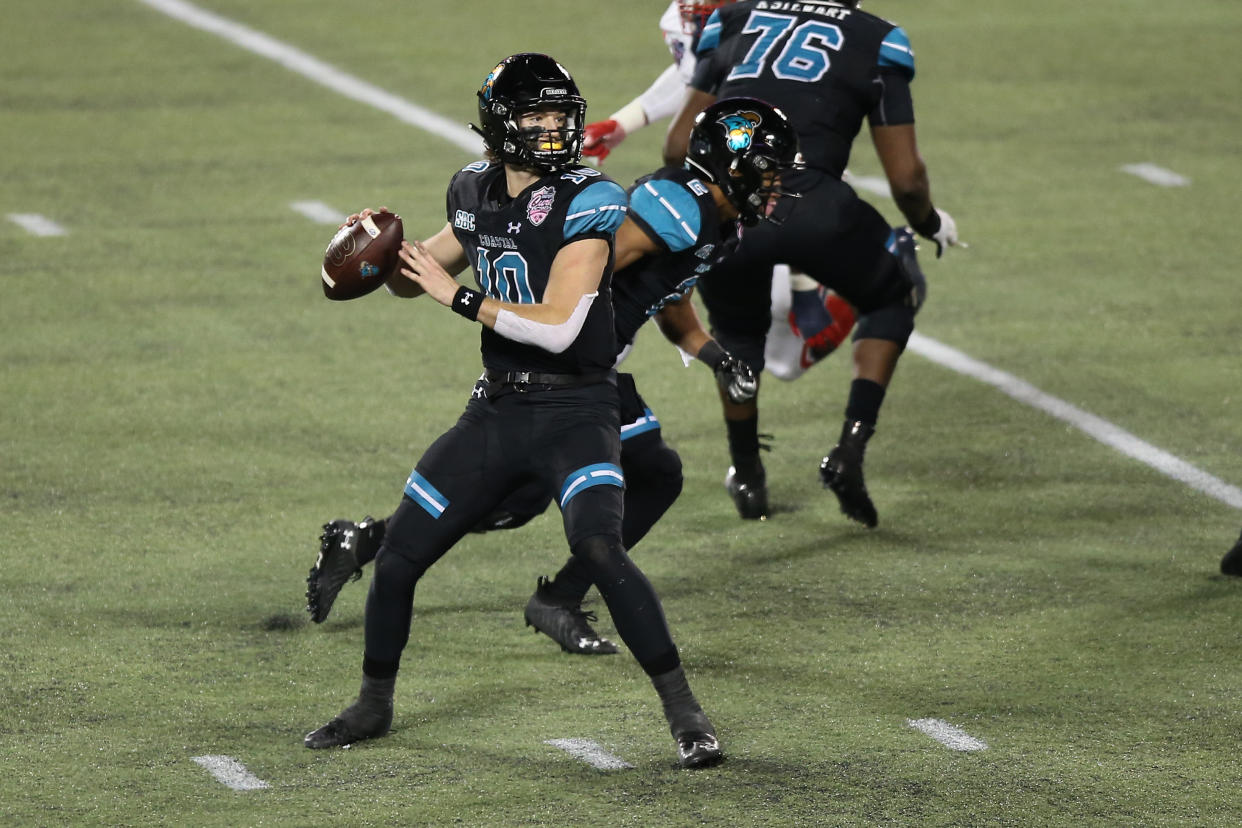 Coastal Carolina Chanticleers quarterback Grayson McCall (10) helped his team to a 52-14 win over The Citadel in its opener. (Photo by David Rosenblum/Icon Sportswire via Getty Images)
