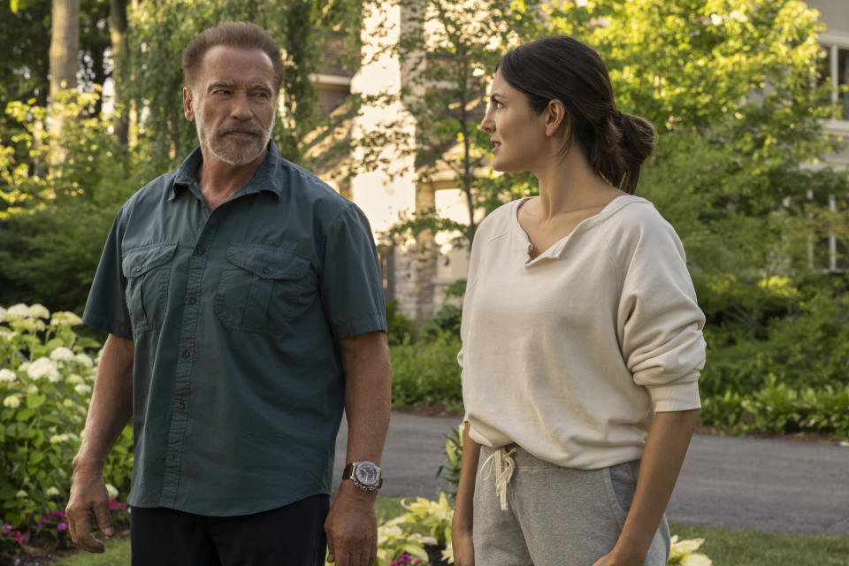 (L to R) Arnold Schwarzenegger as Luke Brunner, Monica Barbaro as Emma Brunner in episode 104 of Fubar. (Christos Kalohoridis/Netflix)