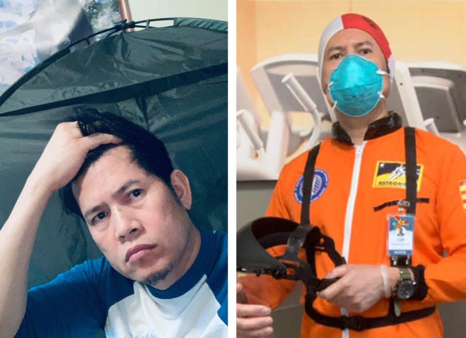 When he was sick with coronavirus, Cliff Roperez quarantined in a tent inside his bedroom, pictured left, keeping away from his wife and two children. After recovering, Roperez, right, returned to work at an elderly nursing facility and turned his personal protective equipment into costumes — here, an astronaut — to lift everyone’s spirits.