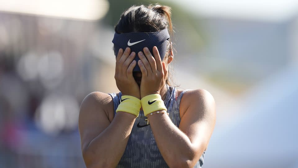 Raducanu reacts after winning the match. - Andrew Matthews/PA