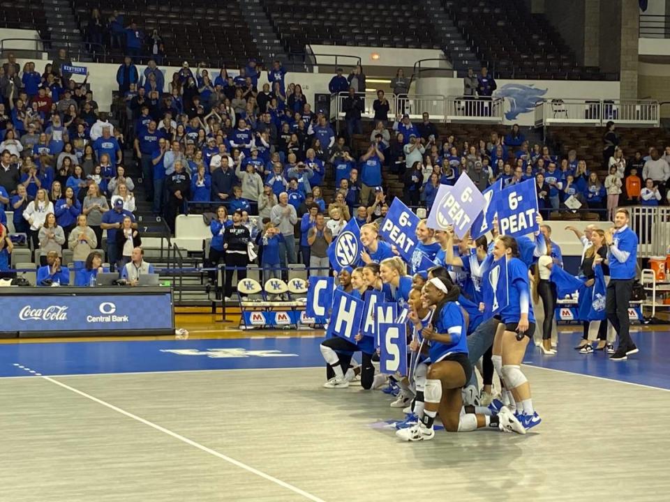 The Kentucky volleyball team celebrates its sixth straight SEC championship after its defeat of South Carolina on Nov. 26 in Lexington. On the same afternoon, the UK football team hosted Louisville for the annual Governor’s Cup rivalry game.