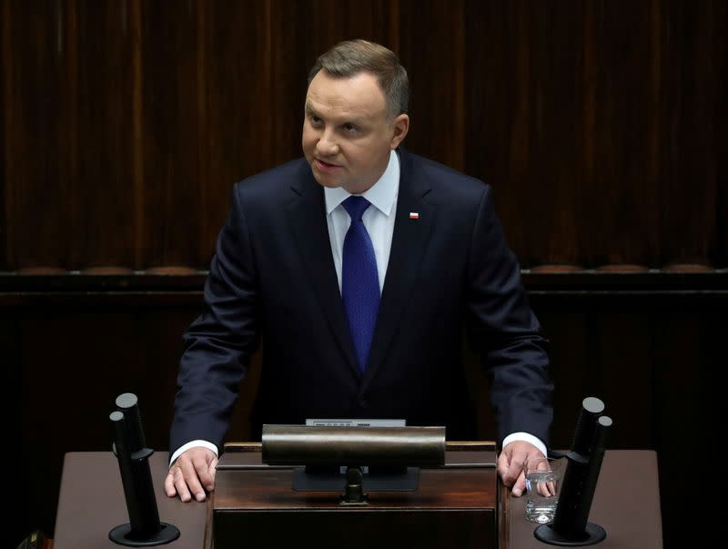 FILE PHOTO: Newly sworn-in President of Poland Andrzej Duda addresses Parliament in Warsaw