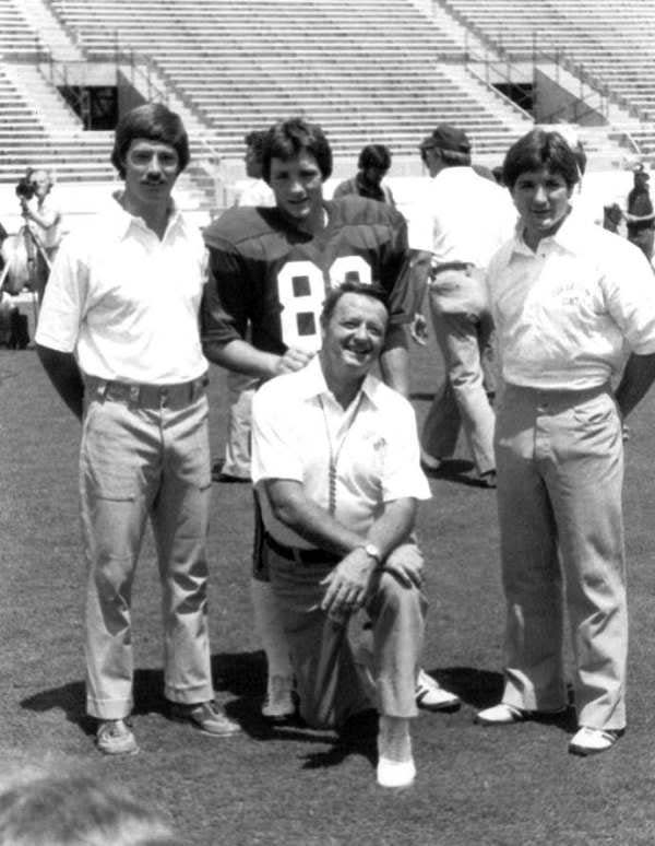 1982: FSU head football coach Bobby Bowden and sons, left to right, Tommy, Jeff and Terry.