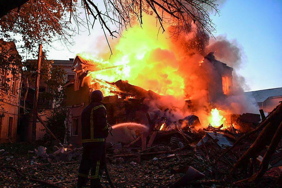 Strike hit the building in the village of Shevchenkove, Mykolaiv (EPA)