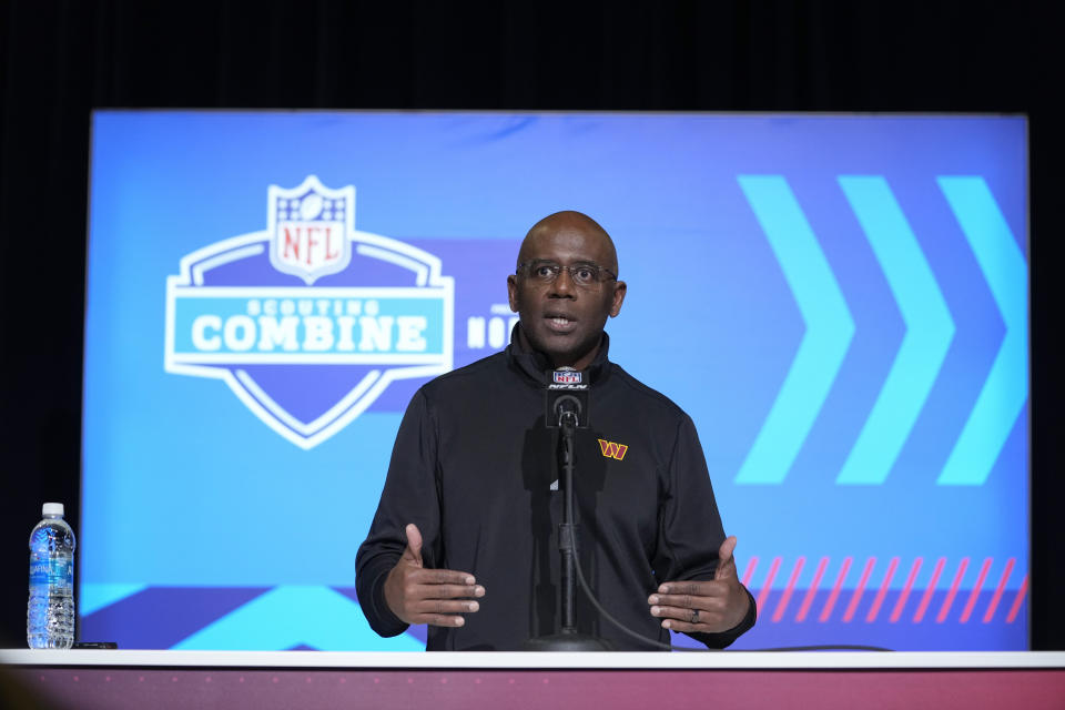 Washington Commanders generall manager Martin Mayhew speaks during a press conference at the NFL football scouting combine in Indianapolis, Wednesday, March 1, 2023. (AP Photo/Michael Conroy)