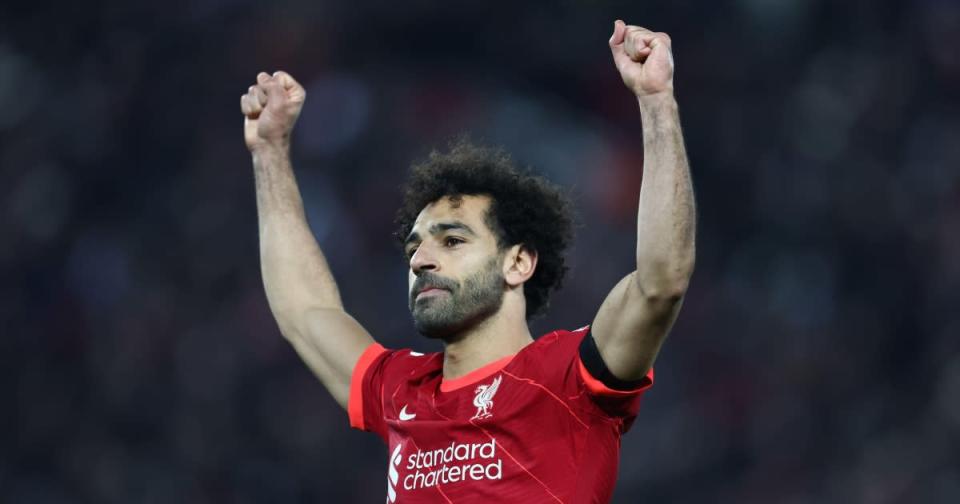 Liverpool's Mohamed Salah celebrates scoring against Aston Villa at Anfield, Liverpool, December 2021. Credit: PA Images