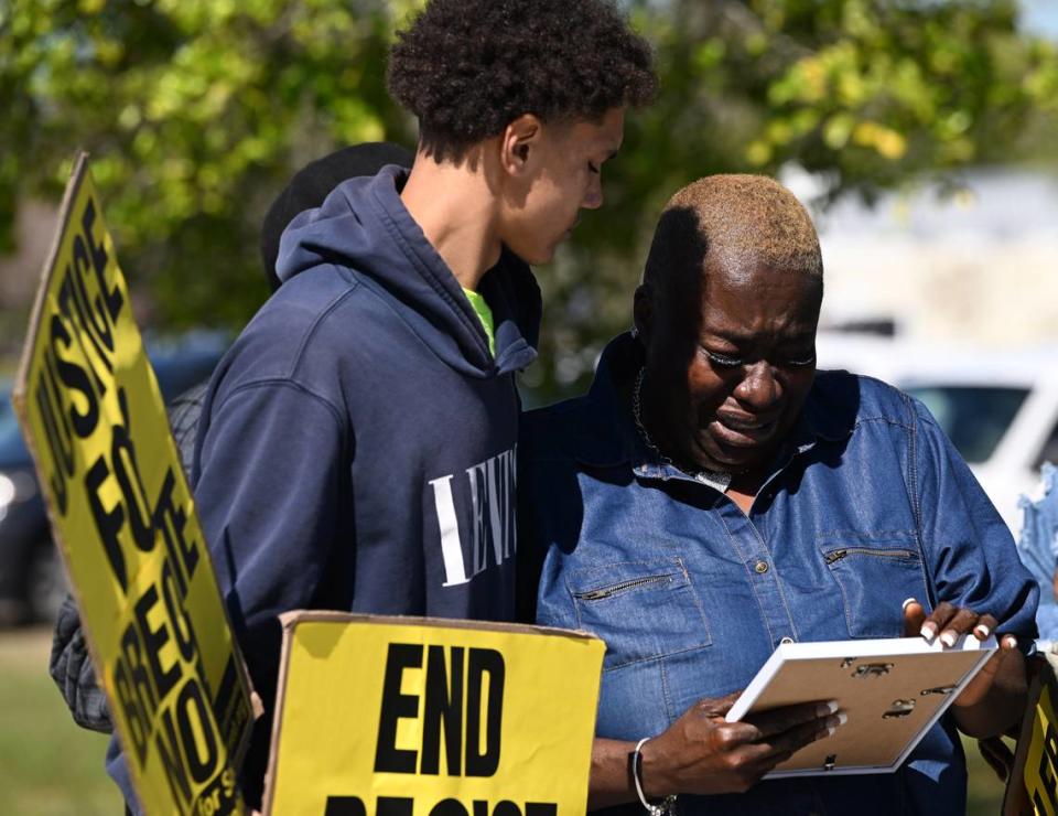 Tracey Washington, Breonte Johnson-Davis’ mother, stood alongside other protesters after Palmetto Police Chief Scott Tyler held a press conference, without notifying the family, to release the body camera footage of Johnson-Davis being taken into custody. He later died at a local hospital.