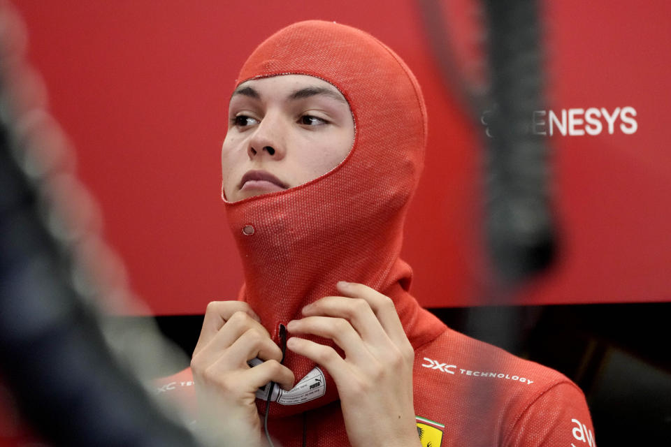 British Ferrari driver Oliver Bearman wears the balaclava at pits prior to the third practice session ahead of the Formula One Saudi Arabian Grand Prix at the Jeddah Corniche Circuit in Jeddah, Saudi Arabia, Friday, March 8, 2024. Saudi Arabian Grand Prix will be held on Saturday, March 9, 2024. (AP Photo/Darko Bandic)
