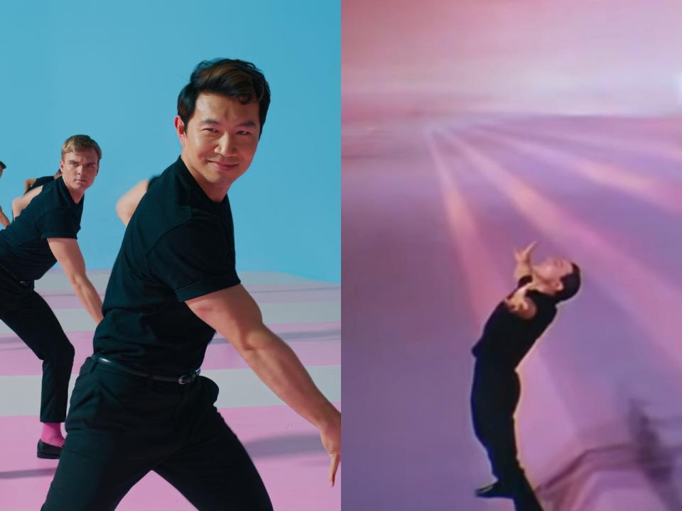 Left: Simu Liu in the Ken dancing sequence in "Barbie." Right: Gene Kelly in the dream dancing sequence in "Singin' in the rain."