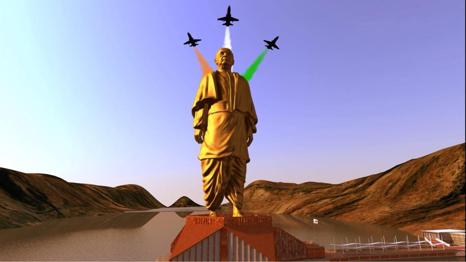 A still image from video shows an artist's rendering of a statue of Sardar Vallabhbhai Patel, to be constructed in the western Indian state of Gujarat, in this handout provided by Information Department Gujarat State October 31, 2013. Indian opposition leader Narendra Modi is building the world's tallest statue at a cost of almost $340 million in honour of one of the country's founding fathers, a project he is using to undermine his chief rivals, the Gandhi-Nehru political dynasty. The statue of Patel, who was first Prime Minister Jawaharlal Nehru's deputy and his interior minister but often at odds with him, is to be built on a river island in Gujarat, the home state of both Patel and Modi. REUTERS/Information Department Gujarat State/Handout via Reuters (INDIA - Tags: POLITICS) NO SALES. NO ARCHIVES. FOR EDITORIAL USE ONLY. NOT FOR SALE FOR MARKETING OR ADVERTISING CAMPAIGNS. THIS IMAGE HAS BEEN SUPPLIED BY A THIRD PARTY. IT IS DISTRIBUTED, EXACTLY AS RECEIVED BY REUTERS, AS A SERVICE TO CLIENTS