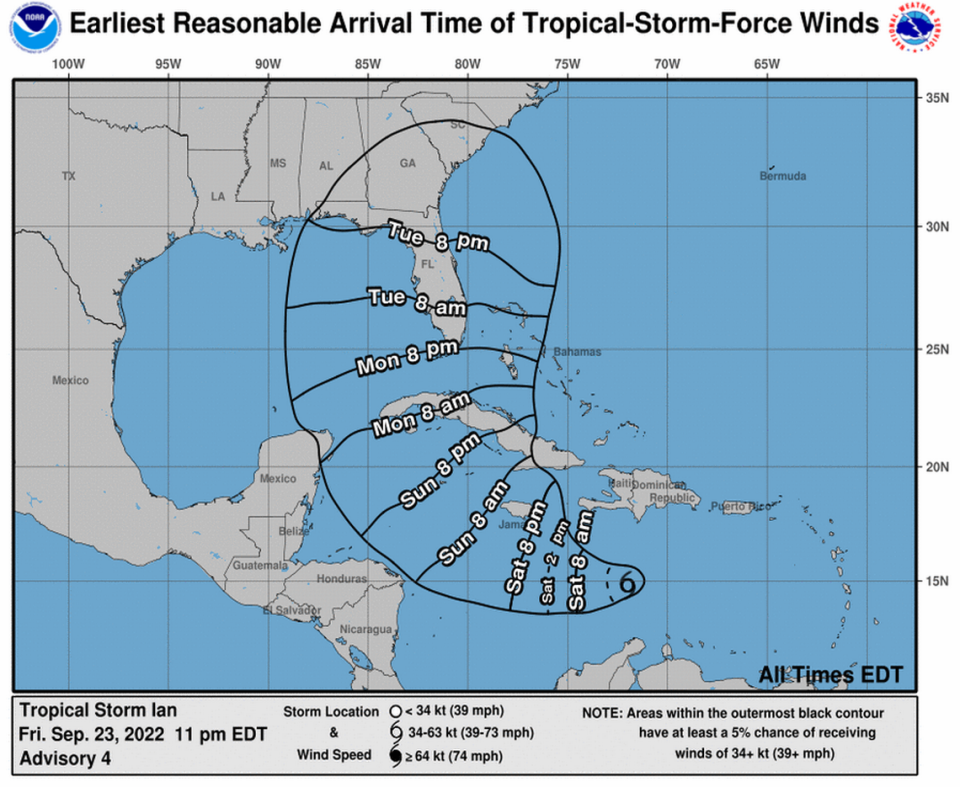 Arrival time of tropical storm-force winds for Tropical Storm Ian as of 11 p.m. Friday