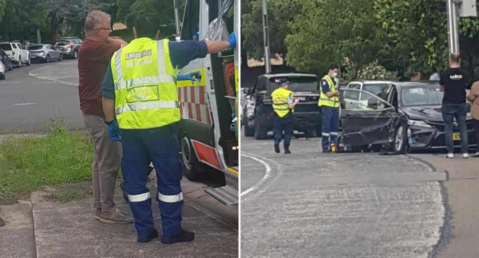 Labor leader Anthony Albanese nurses a shoulder. Also pictured is a smashed Toyota Camry.