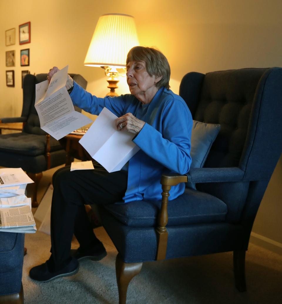 Former Birmingham mayor Dorothy Conrad 88, talks about her possible eviction from Baldwin House senior tower apartment on Monday, October 17, 2022. She is paid up but management won't renew her lease because they claim she is a noisy complainer. Dorothy goes through correspondence pertaining to her case in her apartment.