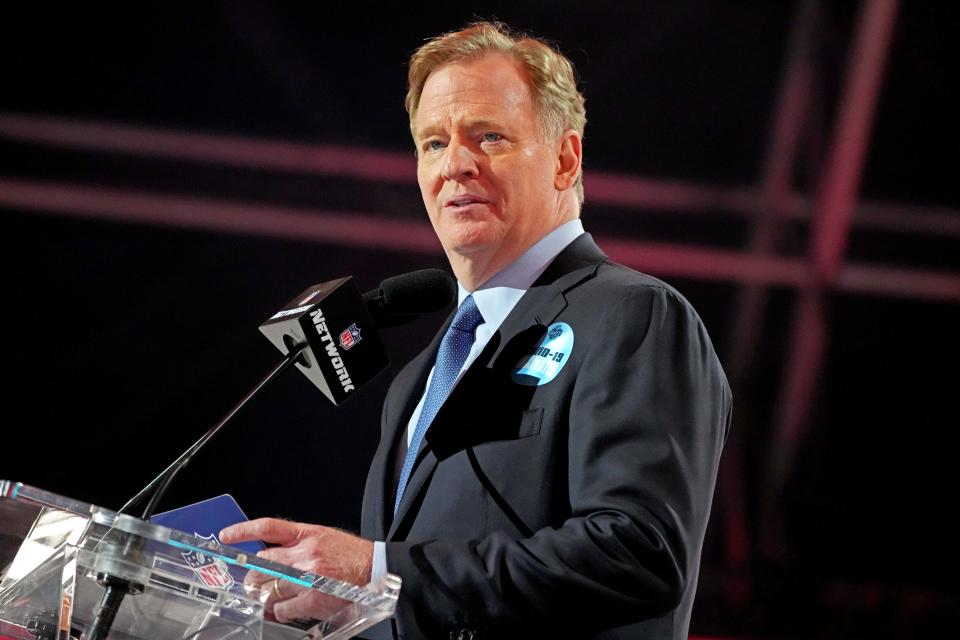 NFL commissioner Roger Goodell announces the final pick of the 2021 NFL Draft for the Tampa Bay Buccaneers at First Energy Stadium.