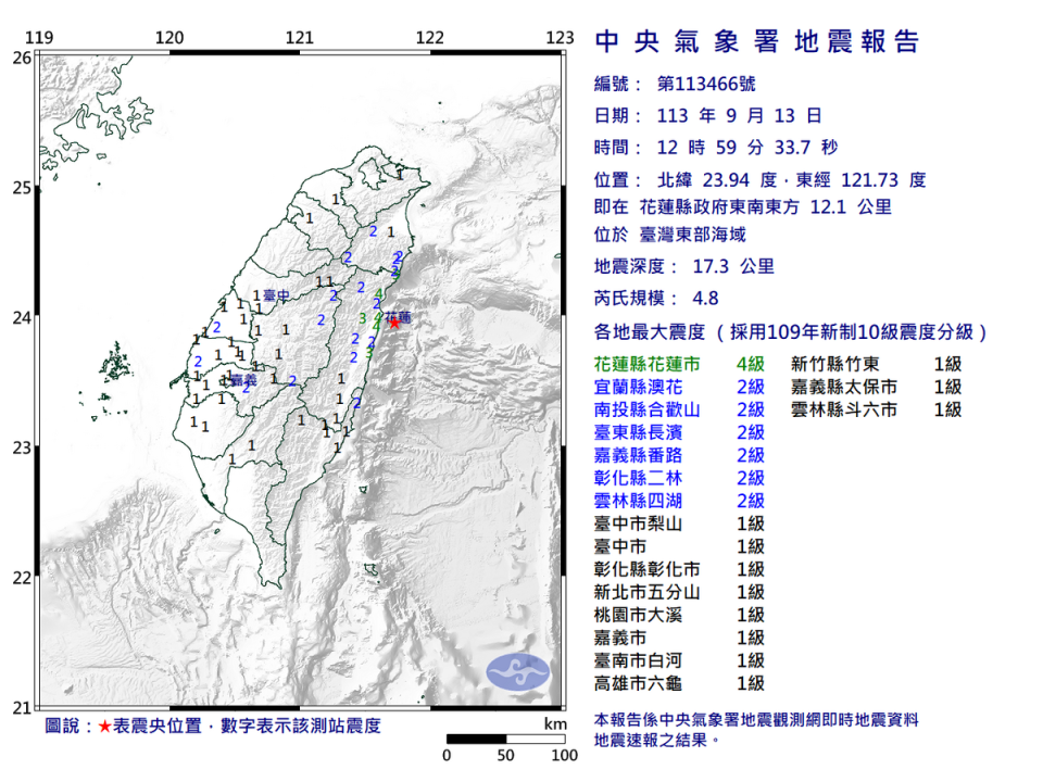 今(13)日中午12時59分發生4.8規模地震，14縣市有感搖晃。   圖：翻攝自中央氣象署官網