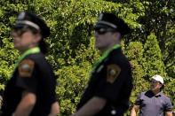 Phil Mickelson watches his tee shot on the seventh hole during a practice round ahead of the U.S. Open golf tournament, Tuesday, June 14, 2022, at The Country Club in Brookline, Mass. (AP Photo/Charlie Riedel)