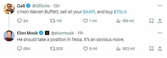 Elon Musk sugiere a Warren Buffett que compre acciones de Tesla