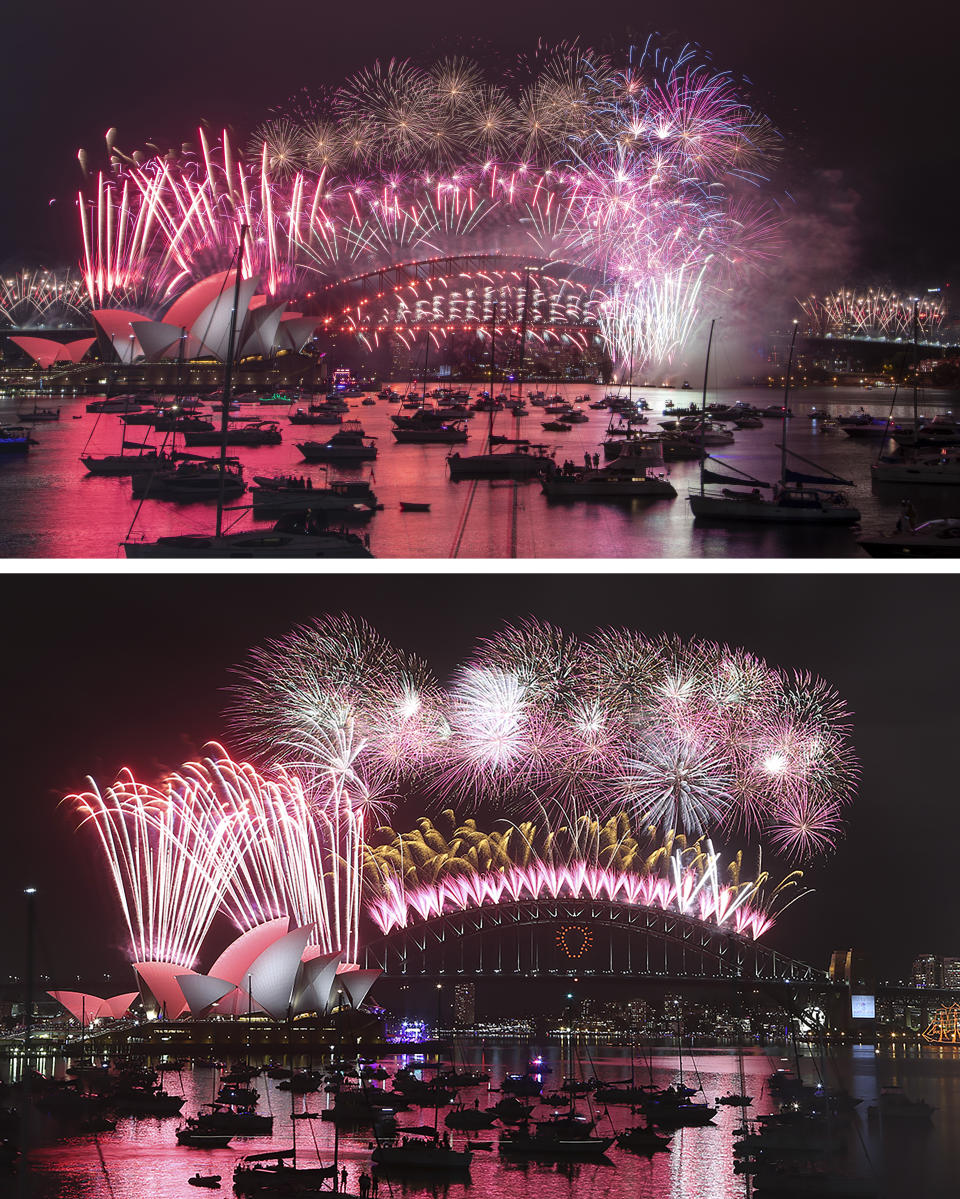 An image combo showing Fireworks exploding over the Sydney Opera House and Harbour Bridge during New Year celebrations in Sydney, Australia, the top photo taken on Friday, Jan. 1, 2021 and the bottom one on Thursday, Jan. 1, 2015. From a distance things looked the same, but one million people would usually crowd the Sydney Harbor to watch the annual fireworks that center on the Sydney Harbour Bridge. But this year authorities advised revelers to watch the fireworks on television as the two most populous states, New South Wales and Victoria battle to curb new COVID-19 outbreaks. (AP Photo/Mark Baker, Rob Griffith)