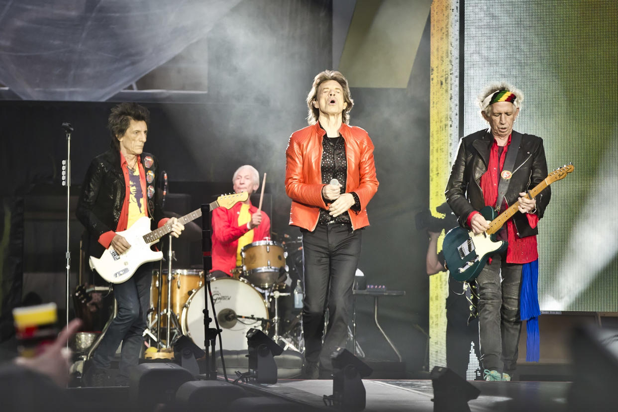 Ronnie Wood, Charlie Watts, Mick Jagger and Keith Richards of The Rolling Stones perform live on stage during a concert at the Olympiastadion on June 22, 2018 in Berlin, Germany. (Photo by Frank Hoensch/Redferns)