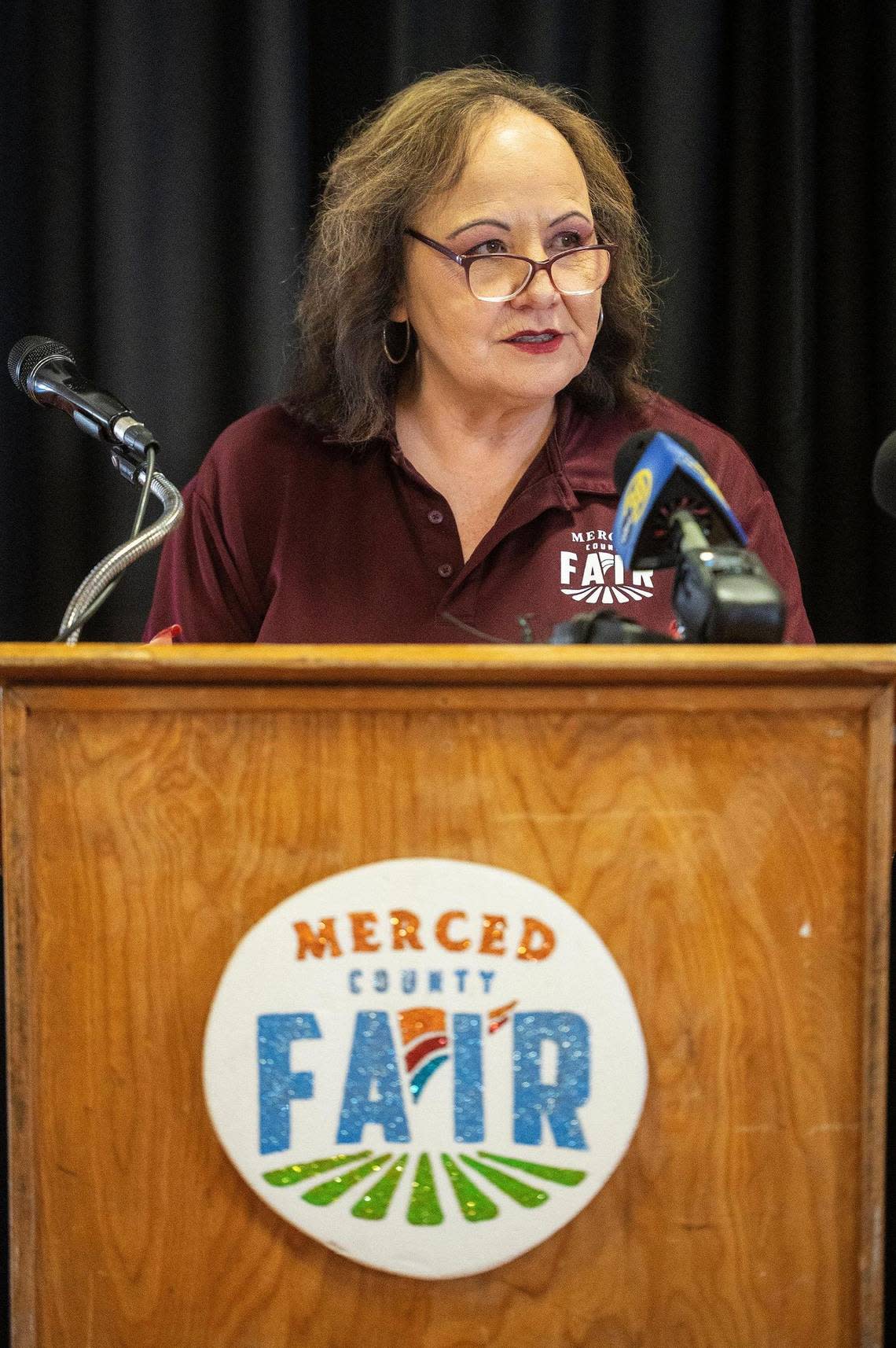 Merced County Fair President Vicky Banaga speaks during a news conference announcing $5 million in state funding awarded to the Merced County Fair at the Merced County Fairgrounds in Merced, Calif., on Wednesday, Aug. 9, 2023. According to Banaga, the funding will be used to upgrade facility kitchens, facility HVAC and a new roof for one of the buildings. Andrew Kuhn/akuhn@mercedsun-star.com