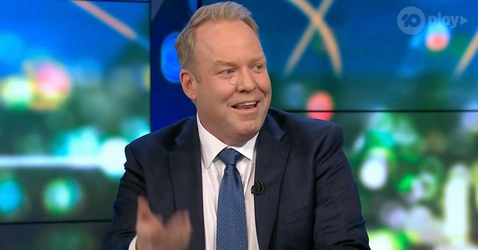 Peter Helliar on The Project with a bandage on his face