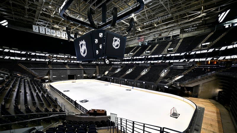 The Delta Center ice for the new NHL team is pictured Friday, April 19, 2024 in Salt Lake City before a joint news conference with Ryan and Ashley Smith and NHL Commissioner Gary Bettman.