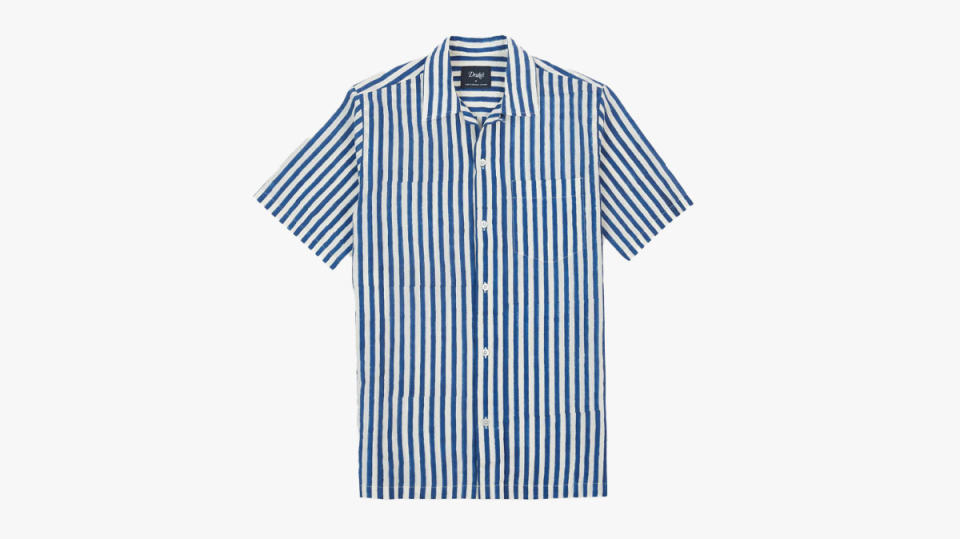 Drake’s Blue Stripe Block Print Cotton Camp Collar Short Sleeve Shirt