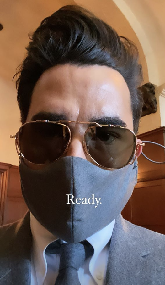 Dan Levy in his mask at the Schitt’s Creek Emmys party.